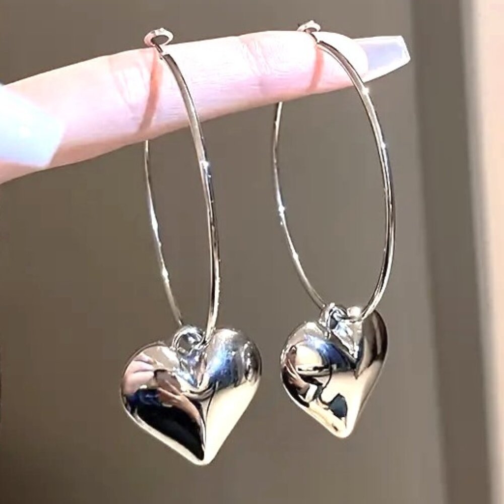 Heart Earrings Puffy Hoop Dangle Love Charm Silver Large Stylish Trendy Glam Fun